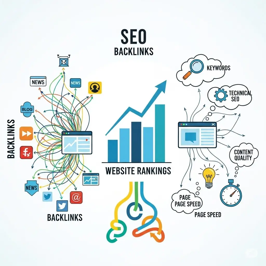 SEO concept illustration showing backlinks, website rankings chart, and key SEO factors like keywords, technical SEO, content quality, and page speed