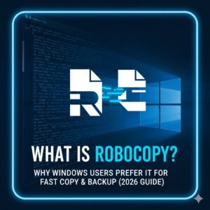 A modern tech-style featured image with the title: ‘What Is Robocopy? Why Windows Users Prefer It for Fast Copy & Backup (2026 Guide)’. Blue Windows theme, command prompt background, digital file copy icons, and a clean minimal layout.