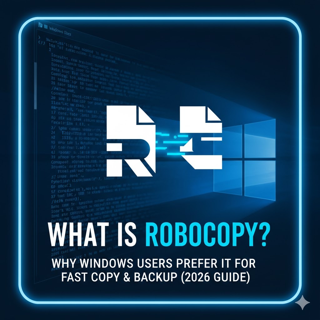 A modern tech-style featured image with the title: ‘What Is Robocopy? Why Windows Users Prefer It for Fast Copy & Backup (2026 Guide)’. Blue Windows theme, command prompt background, digital file copy icons, and a clean minimal layout.